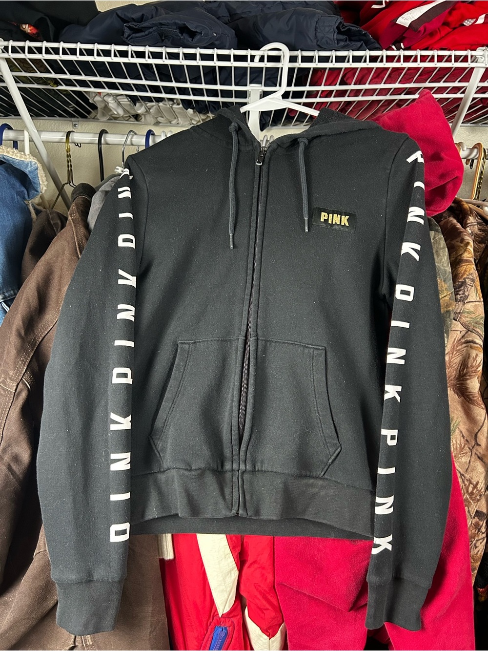 PINK Victoria's Secret Black Full-Zip Hoodie with White Sleeve Logo